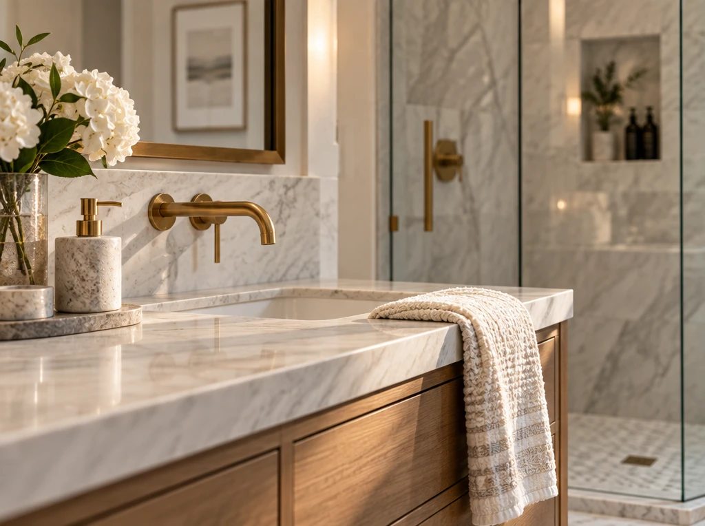 Editorial bathroom detail with stone vanity, warm wood cabinetry, brass fixtures, and glass shower