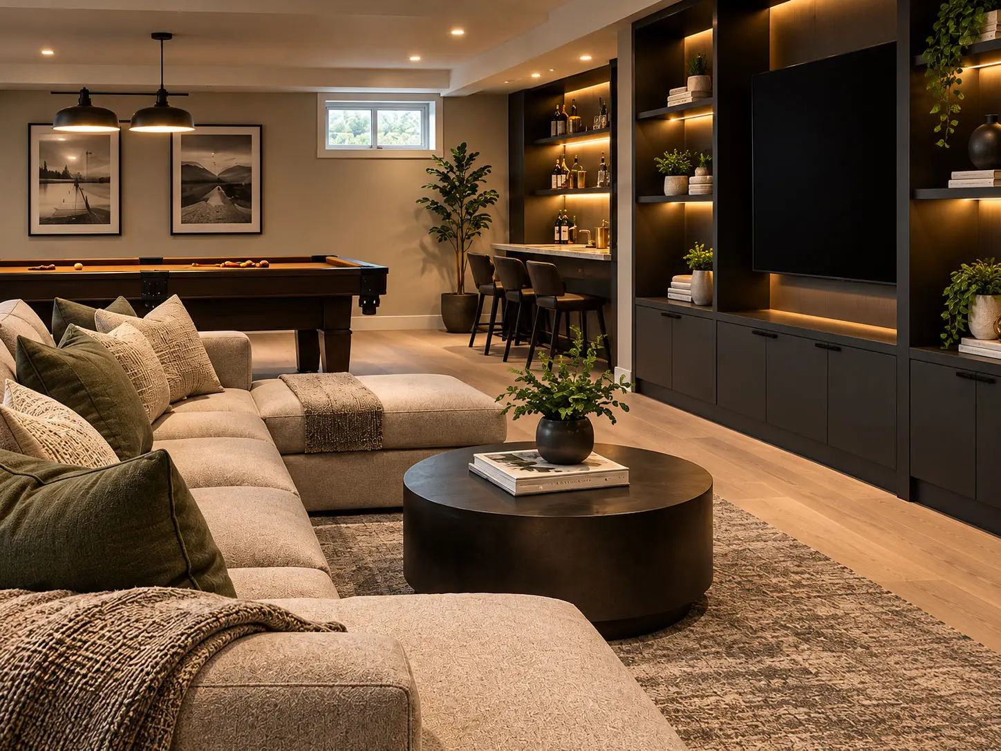Finished basement built-in media wall and bar seating beside a sectional sofa and pool table